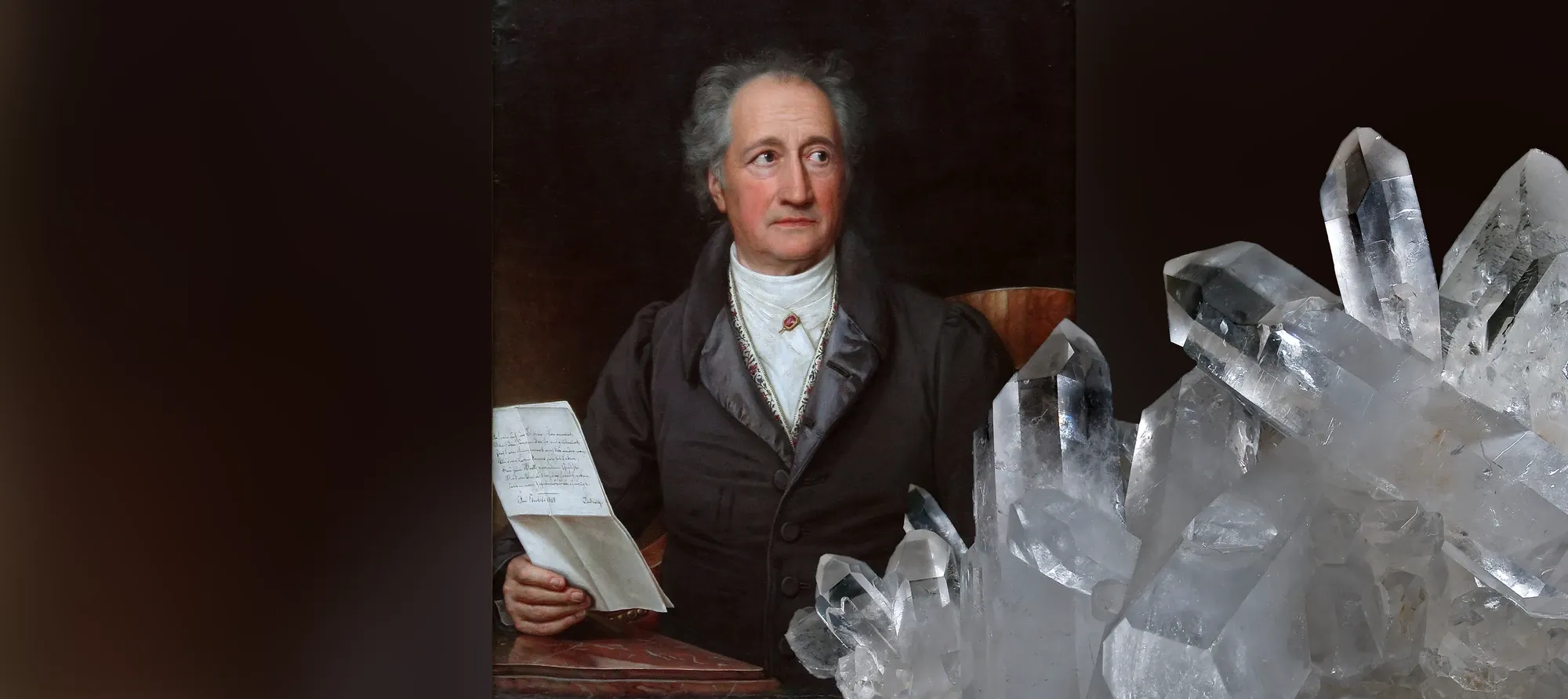 Johann Wolfgang von Goethe portrayed by Joseph Karl Stieler. A rock crystal in the foreground.