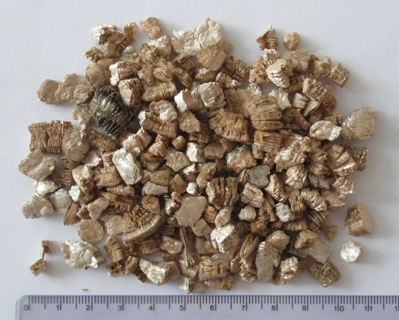 Bei ca. 800°C expandierter Vermiculit. Korngröße durchschnittlich etwa einen halben Zentimeter